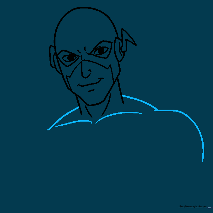 Outlining the broad shoulders and collarbone of the superhero.