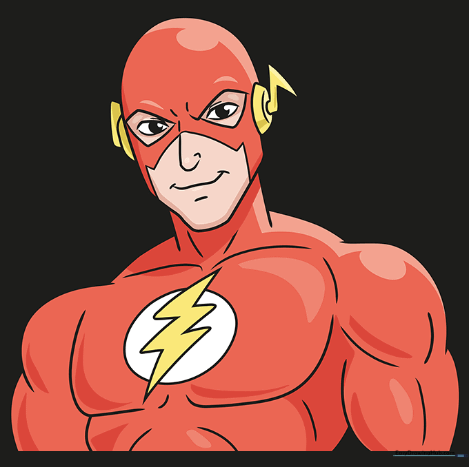 The completed, colored drawing of The Flash in his red and yellow suit.