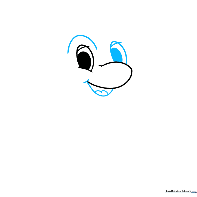 Sketching the second eye and a wide, smiling mouth on the frog character.