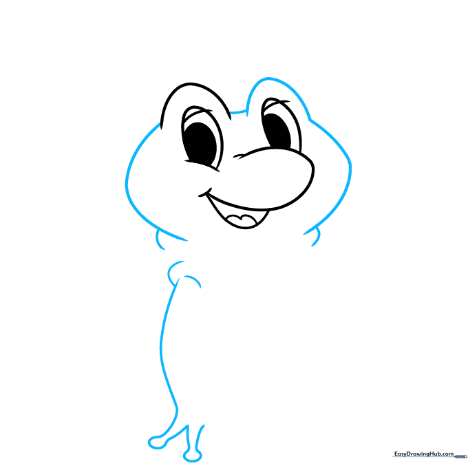 Outlining the frog's head and the first arm with rounded fingers.