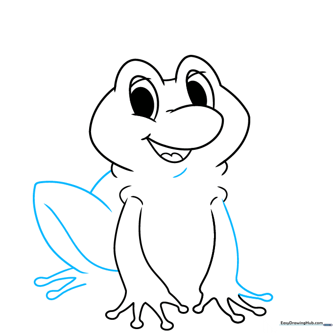 Sketching the frog's legs in a bent, seated position.
