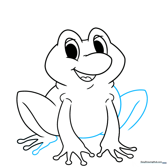Outlining the round body and rear legs of the frog.