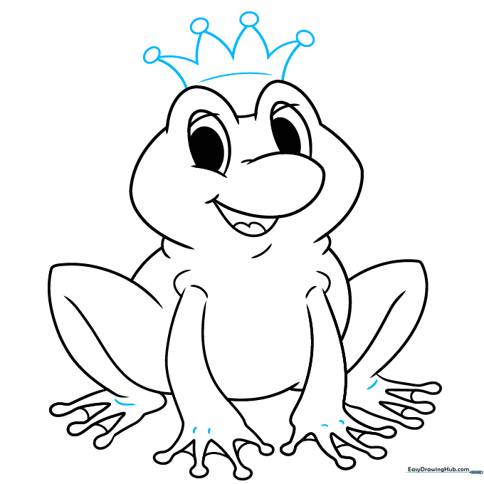 Sketching a royal crown on top of the frog's head.