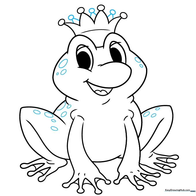 Adding texture spots to the frog's skin and finishing the crown details.