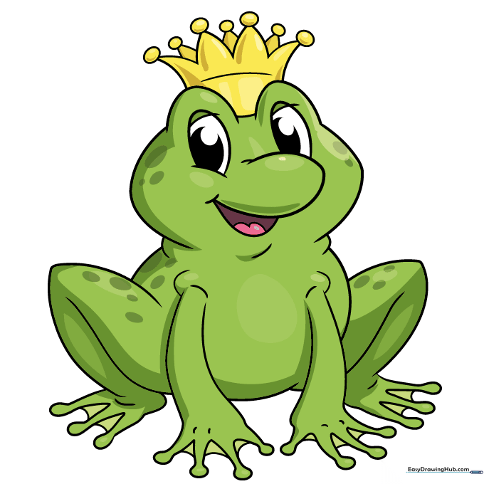 The final colored Frog Prince drawing, featuring green skin and a golden crown.