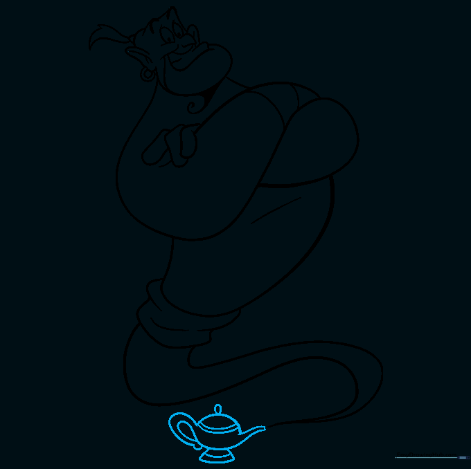 Sketch of the magic lamp with spout and handle details.