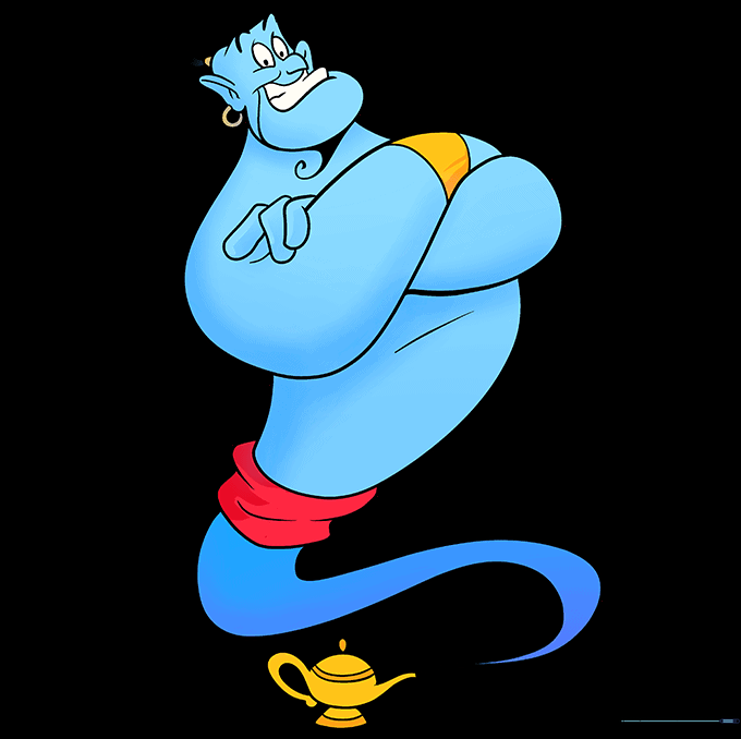 The completed Genie drawing fully colored in blue and gold.