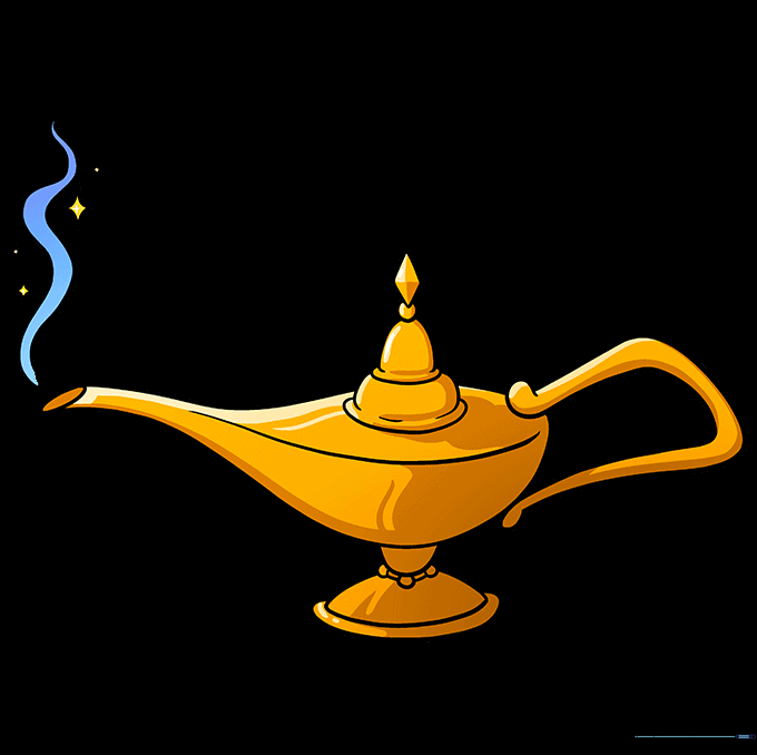 The completed genie lamp drawing colored in shades of gold.