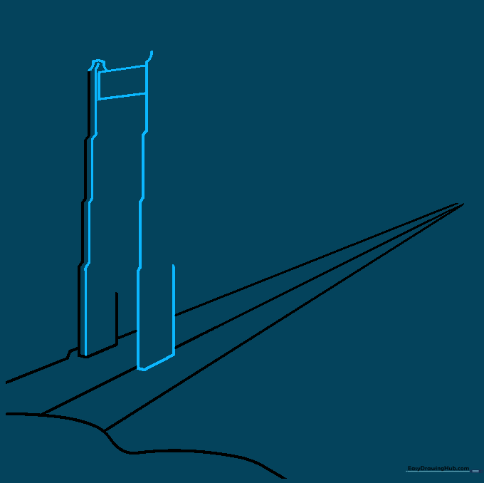 Drawing the main vertical tower structure of the Golden Gate Bridge with a rectangular top cap.
