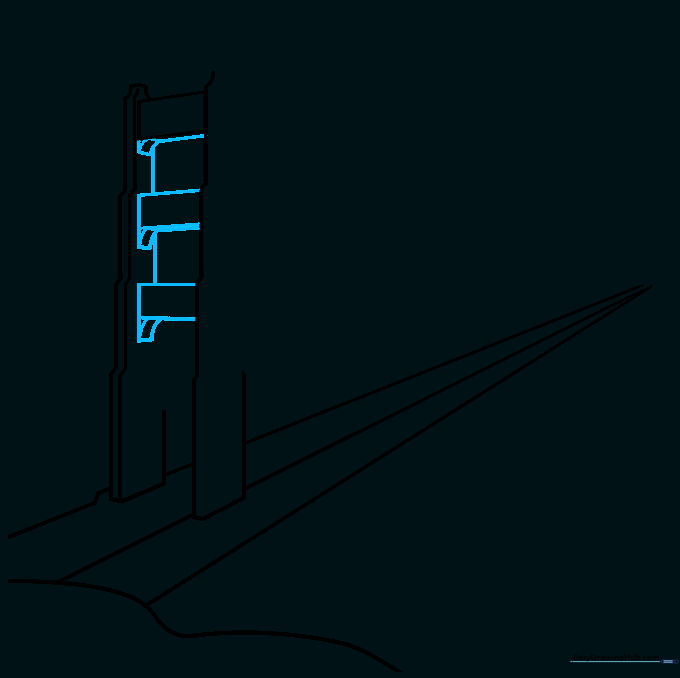 Detailing the bridge tower with horizontal rectangular girders to show depth.