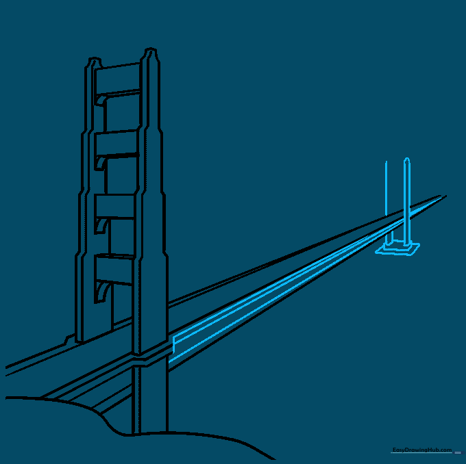 Sketching a second, smaller bridge tower in the background to show distance.