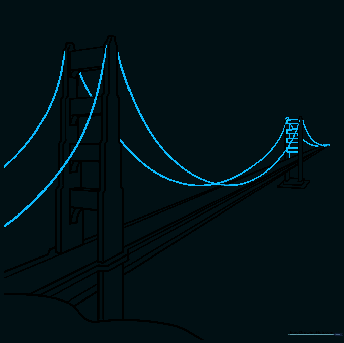 Drawing the large, curved suspension cables connecting the bridge towers.
