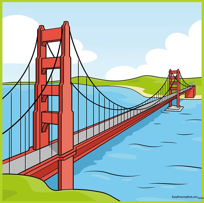 The finished, colored drawing of the Golden Gate Bridge in its iconic orange-red hue.