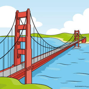 A vibrant, finished illustration of the Golden Gate Bridge set against a blue sky and water.