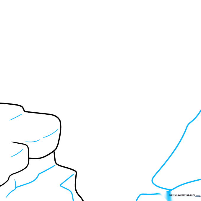 Drawing showing two opposing rocky cliff sides with contour lines to suggest depth.