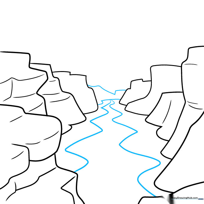 Drawing showing the winding Colorado River added to the center of the canyon floor.
