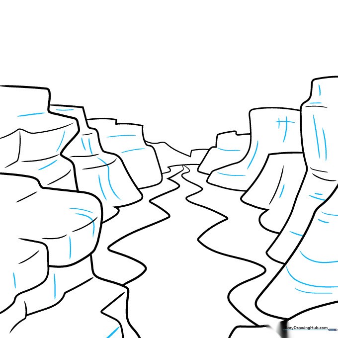 Close-up of canyon walls with added cross-hatching and perpendicular lines for texture.
