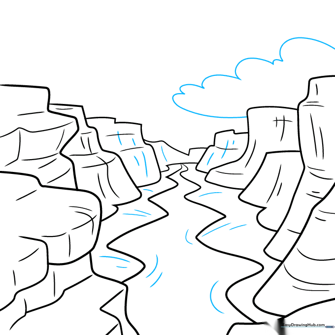Sketch showing a fluffy cloud added to the sky above the canyon landscape.