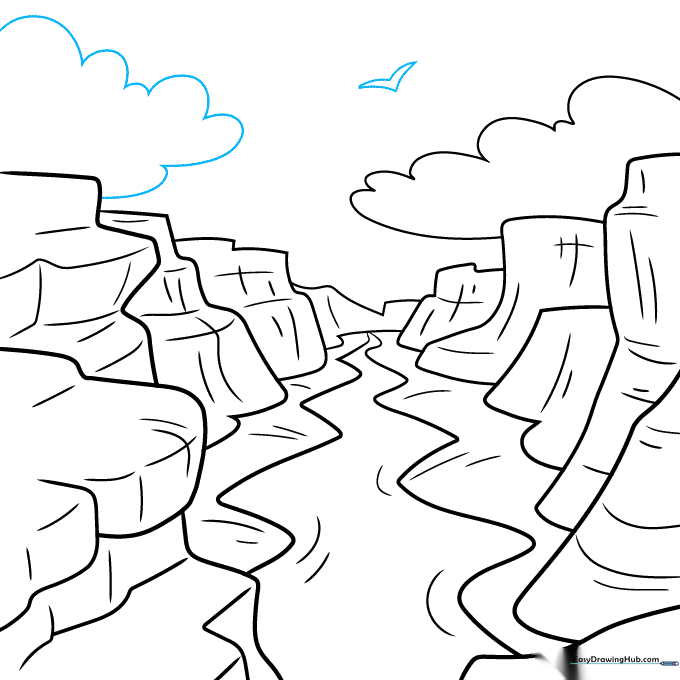 Final line art showing the complete canyon scene with clouds and a bird silhouette.