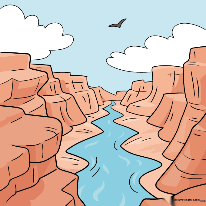 Finished, colored drawing of the Grand Canyon using vibrant red and orange tones.