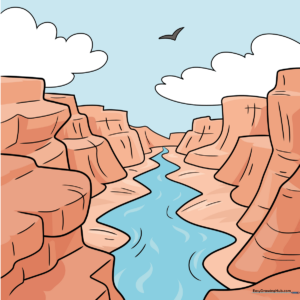 A vibrant, finished colored drawing of the Grand Canyon, showcasing rocky cliffs and the Colorado River.