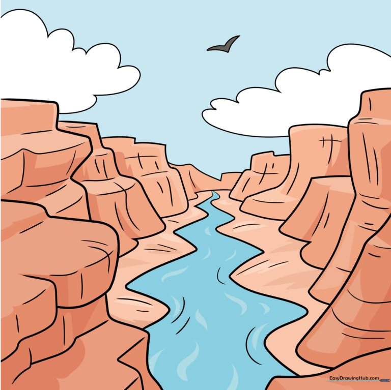 A vibrant, finished colored drawing of the Grand Canyon, showcasing rocky cliffs and the Colorado River.