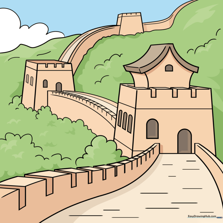 A colorful, finished drawing of the Great Wall of China winding through green mountains.