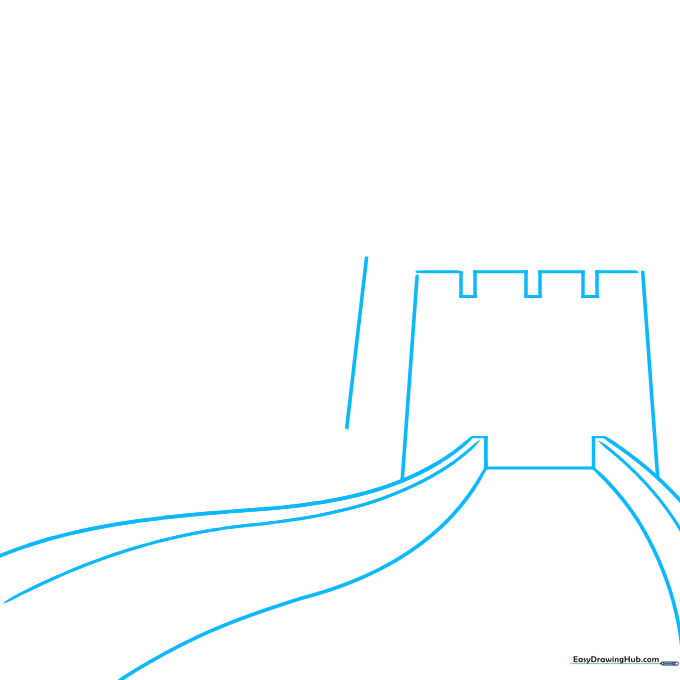 Pencil sketch showing the initial rectangular base and top crenellations of the Great Wall tower.