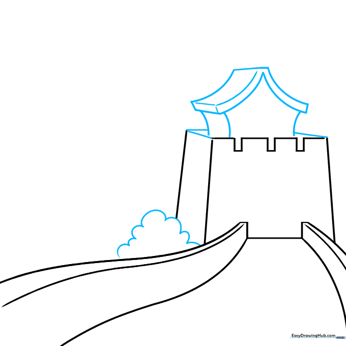 Drawing the roof structure on the tower and adding a small bush at the base.