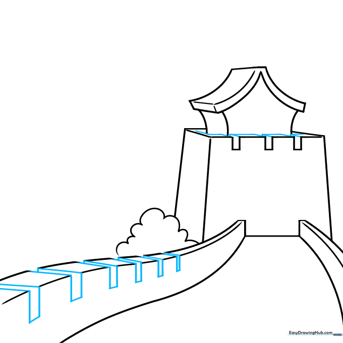 Adding depth to the tower battlements with small diagonal lines.