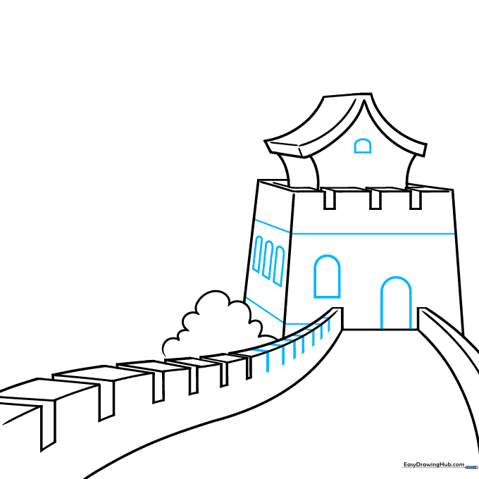 Drawing arch-shaped windows and doors on the tower walls.