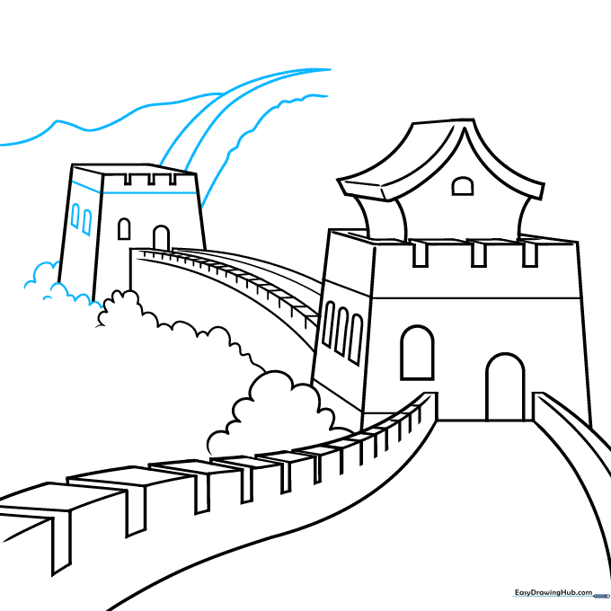 Drawing the mountain silhouette behind the wall to create a scenic background.