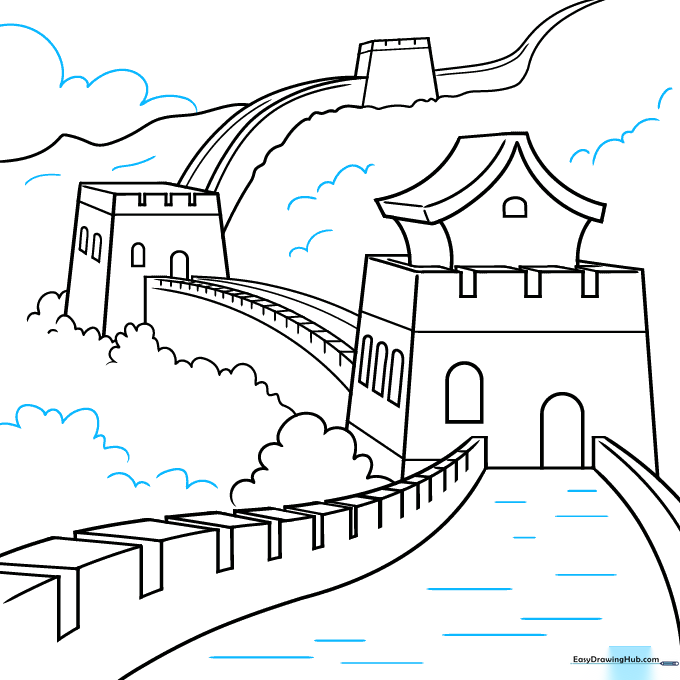 Finalizing the drawing with ground textures and a cloud in the sky.