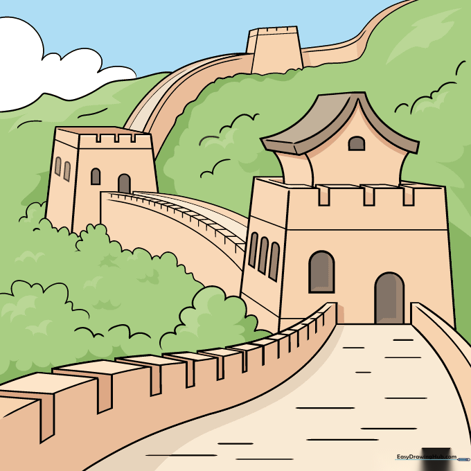 A fully colored, vibrant illustration of the Great Wall of China.