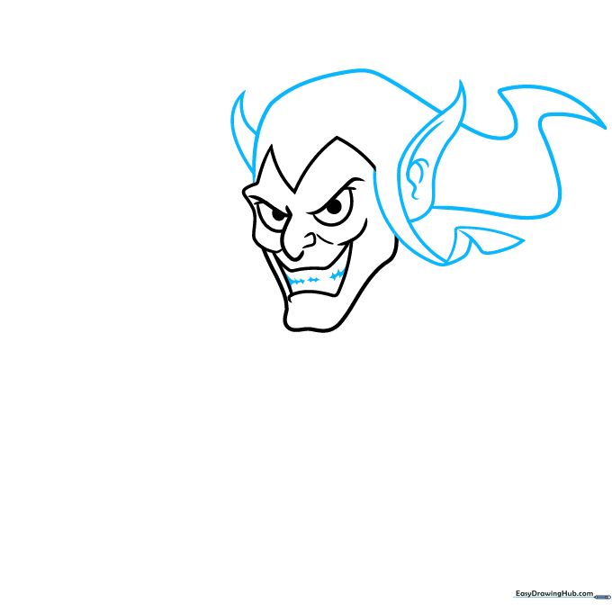Adding pointed ears and the cap structure to the Green Goblin head sketch.