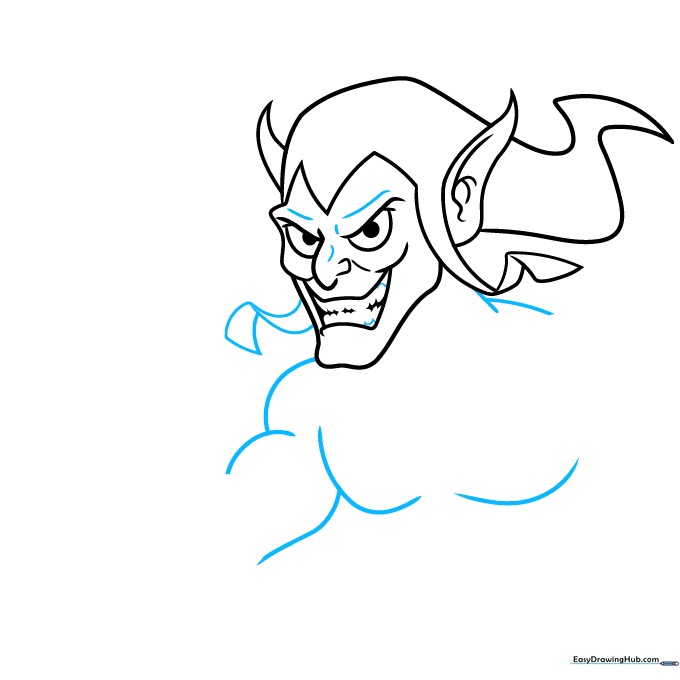 Sketching the upper torso and shoulders of the Green Goblin.