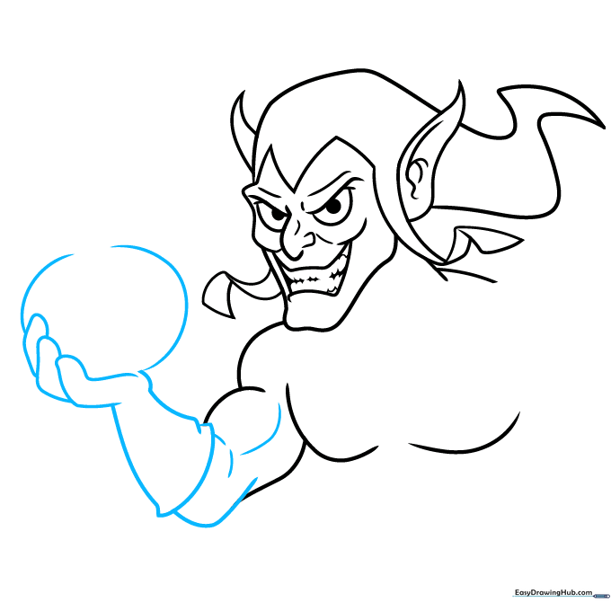 Adding the pumpkin bomb and arm muscles to the character sketch.