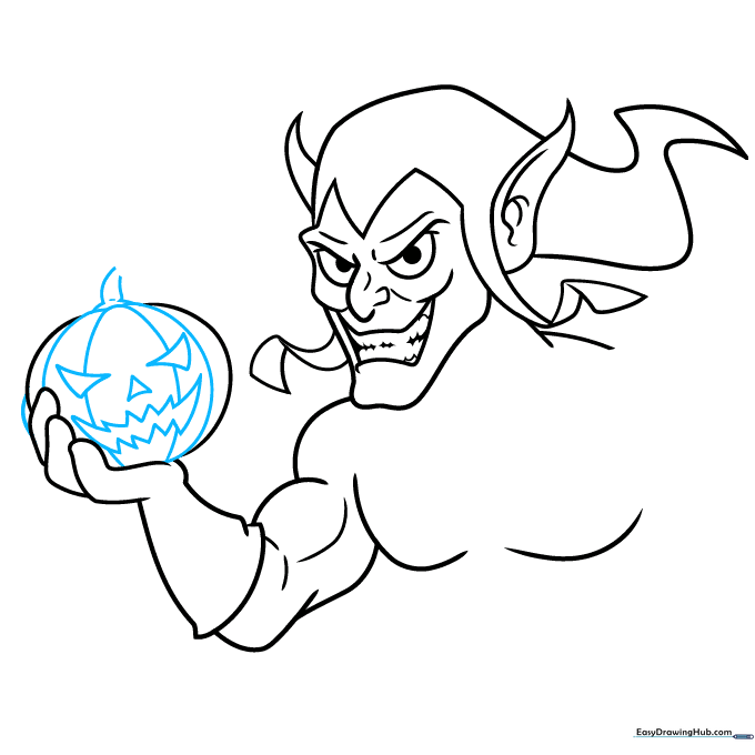 Adding facial features to the pumpkin bomb and detailing the hand.