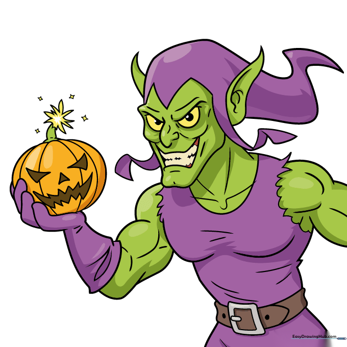 Completed and colored Green Goblin drawing with vibrant comic book colors.
