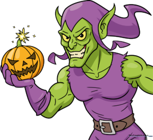 Full-color illustration of the Green Goblin holding a pumpkin bomb.
