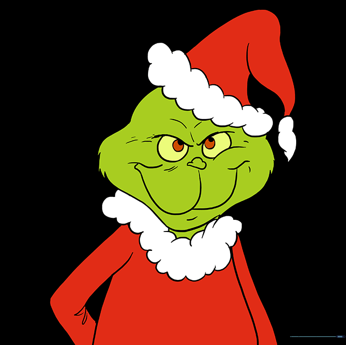 The fully colored Grinch drawing, featuring bright green skin and a red and white Santa suit.