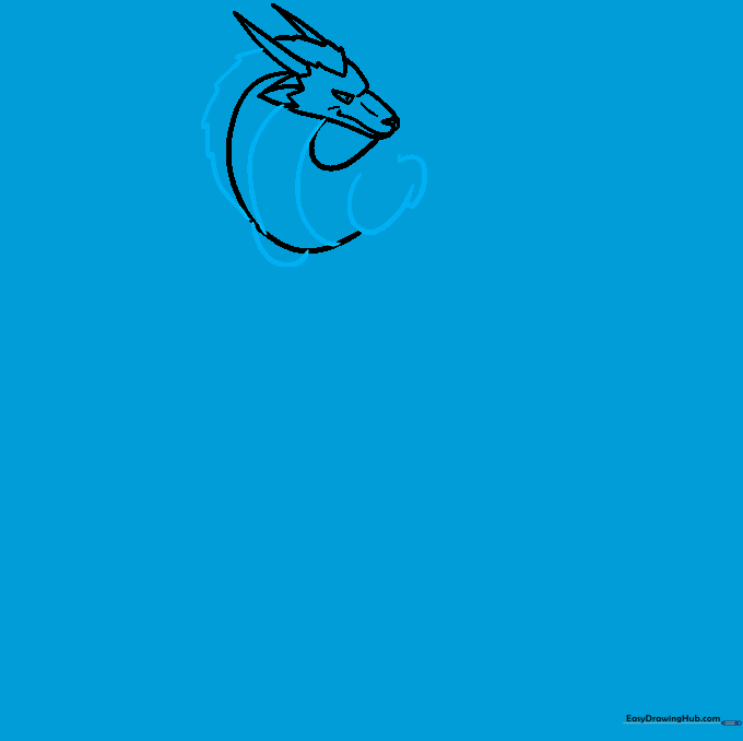 Sketching the Haku dragon's long neck and the start of the shoulder structure.