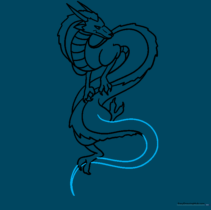 Sketching the long, tapering tail of the Haku dragon.