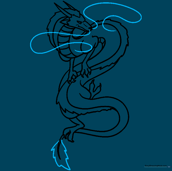 Adding the final tail tuft and long whiskers to the Haku dragon drawing.