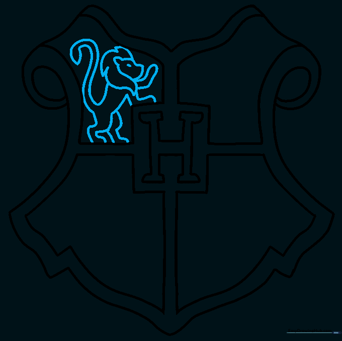 Detailed sketch of a lion profile inside the upper-left quadrant of the shield.