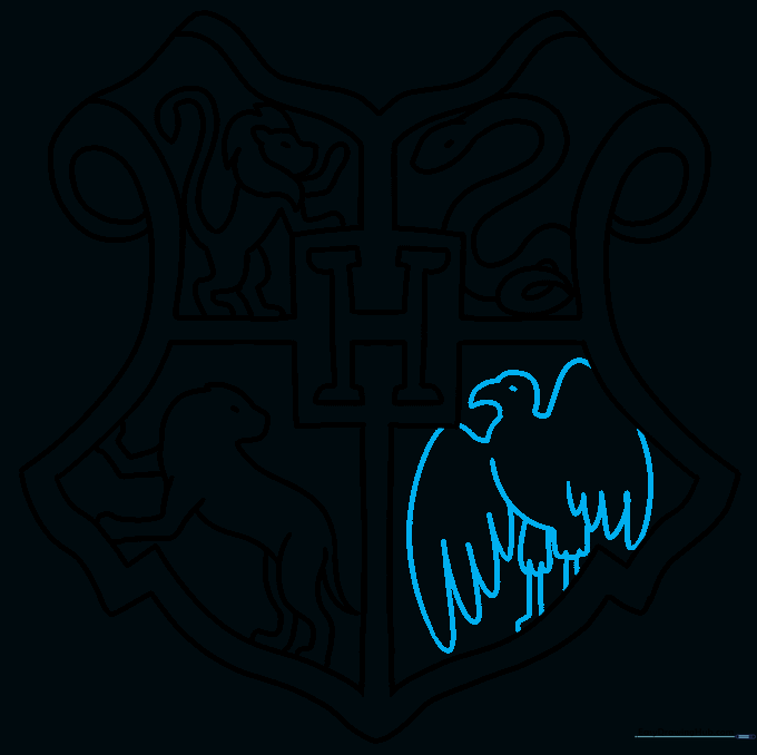 An eagle with detailed wing feathers drawn in the lower-right quadrant of the shield.
