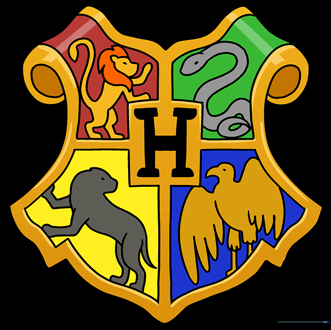 The completed Hogwarts crest drawing, fully colored with gold, red, green, yellow, and blue.