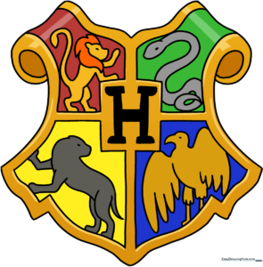 A vibrant, finished illustration of the Hogwarts crest, showcasing all four house animals and the central letter H.