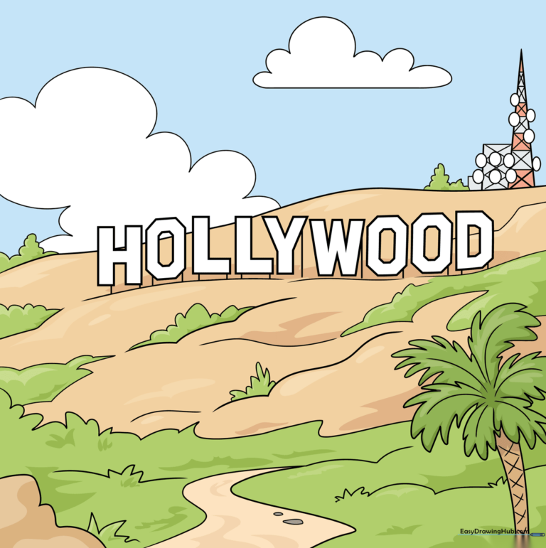 Colorful, completed illustration of the iconic Hollywood Sign on a sunny day.