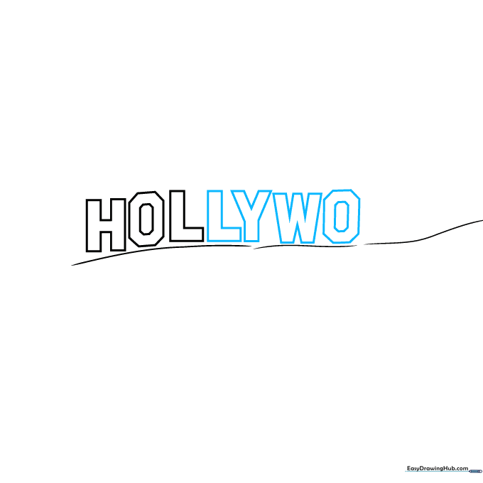 Drawing showing the full HOLLYWOOD text spelled out in blocky, straight-lined letters.
